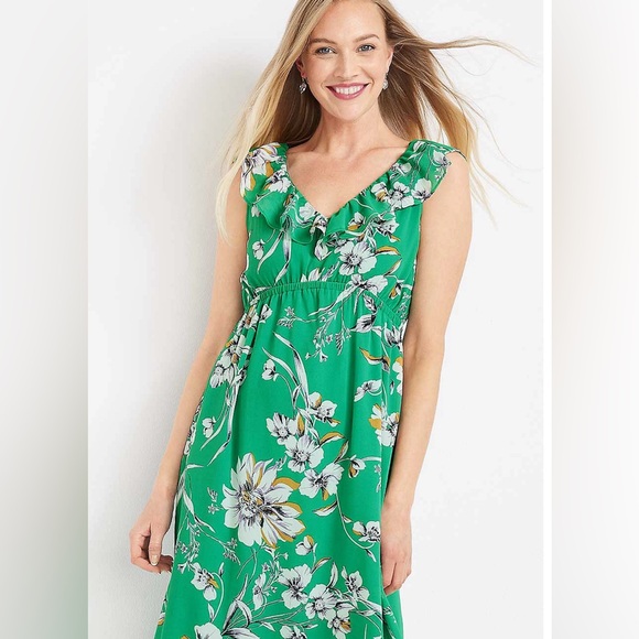 Maurice’s Sz M Floral Ruffle Trim Midi Dress green - Picture 1 of 7